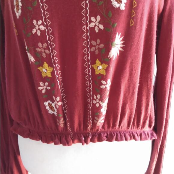 Boho Red Embroidered Peasant Crop Top Women’s S Festival Cottagecore Long Sleeve - Picture 5 of 10